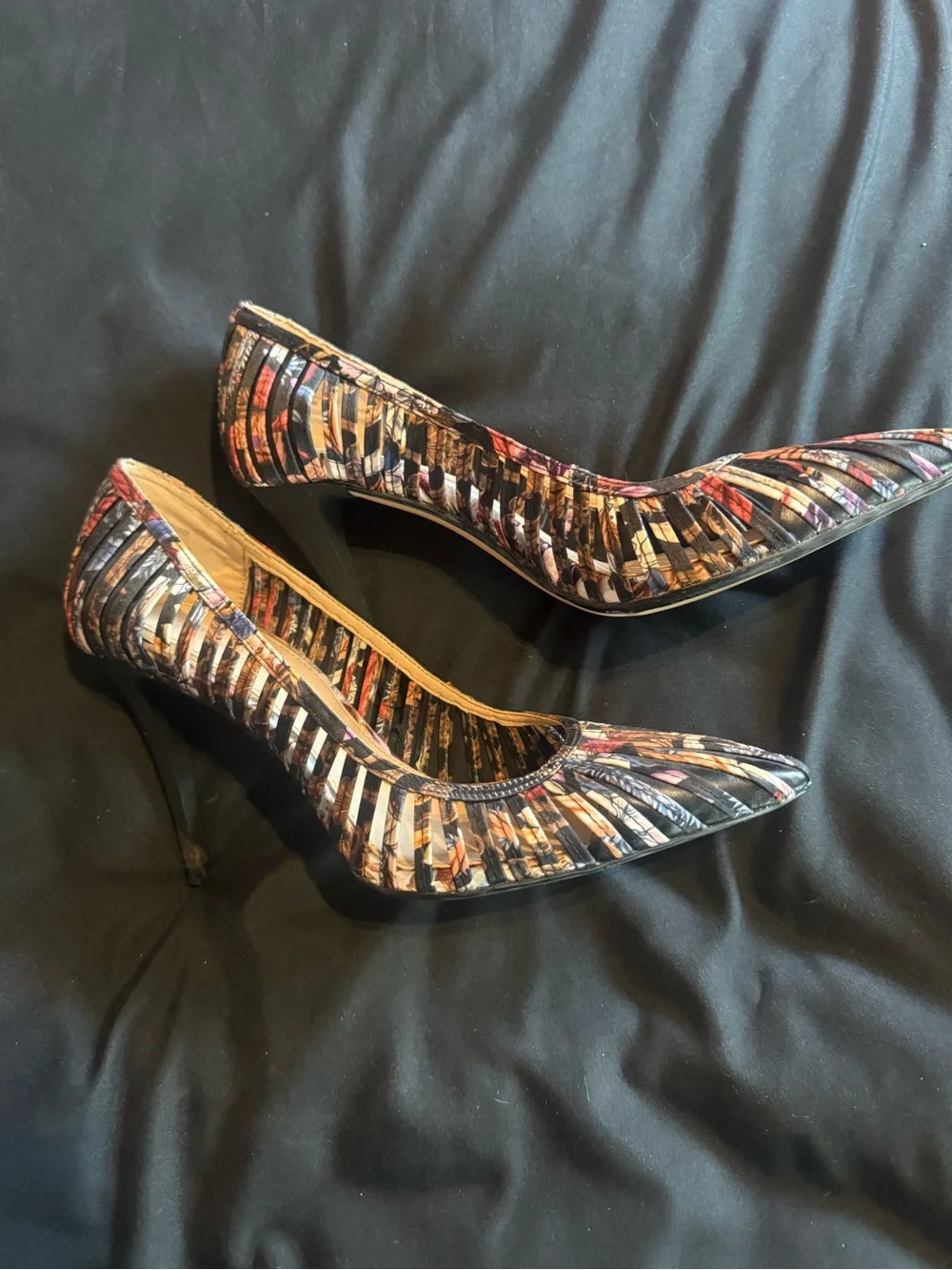 Zara Multicolor Striped Woven Pointed-Toe Stiletto Heels